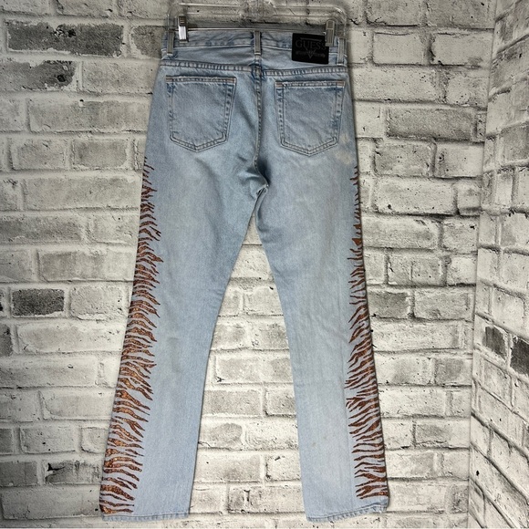 Vintage Guess Y2K Light Wash Metallic Gold Tiger Stripes Straight Leg Jeans - Picture 4 of 11